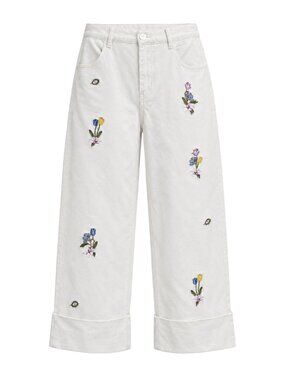 Vivetta Floral Embroidered Wide Leg High Waisted White Denim Pants